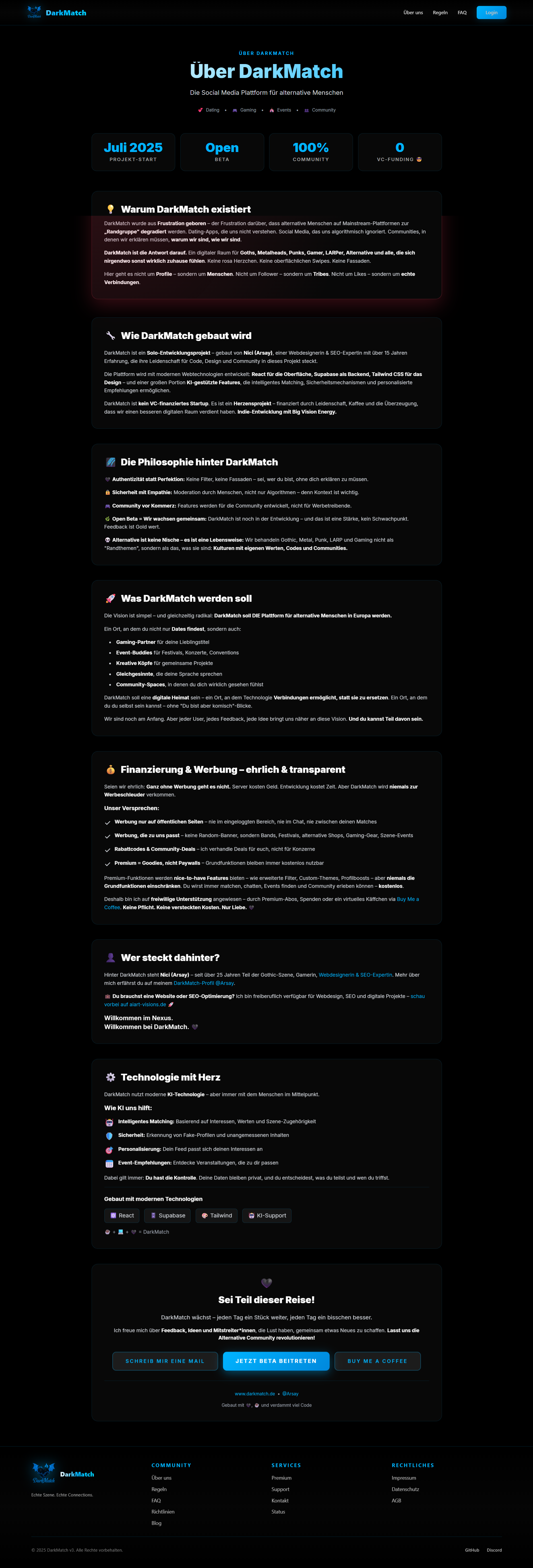DarkMatch About Seite - Informationen über die alternative Community-Plattform